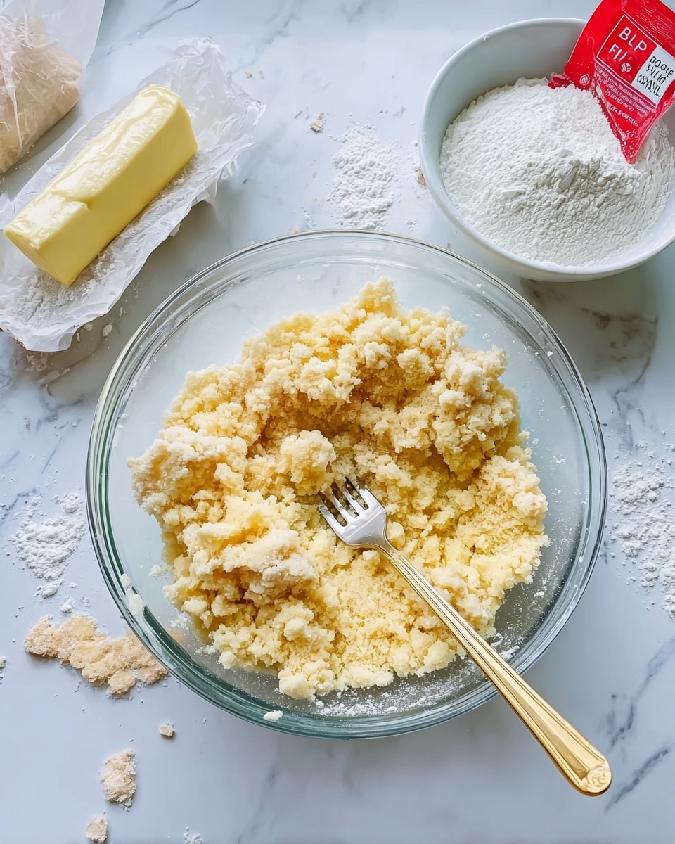 A clear glass bowl sits on a white marbled surface, filled with a crumbly, pale yellow dough mixture. A gold-colored fork rests inside the bowl, partly buried in the dough. Around the bowl, there is an opened butter stick with part of it wrapped in paper, a small white bowl filled with white flour, and a red and white baking powder packet. The scene presents a casual baking setup with some flour scattered lightly on the white marbled surface. photo taken with an iphone --ar 4:5 --v 7