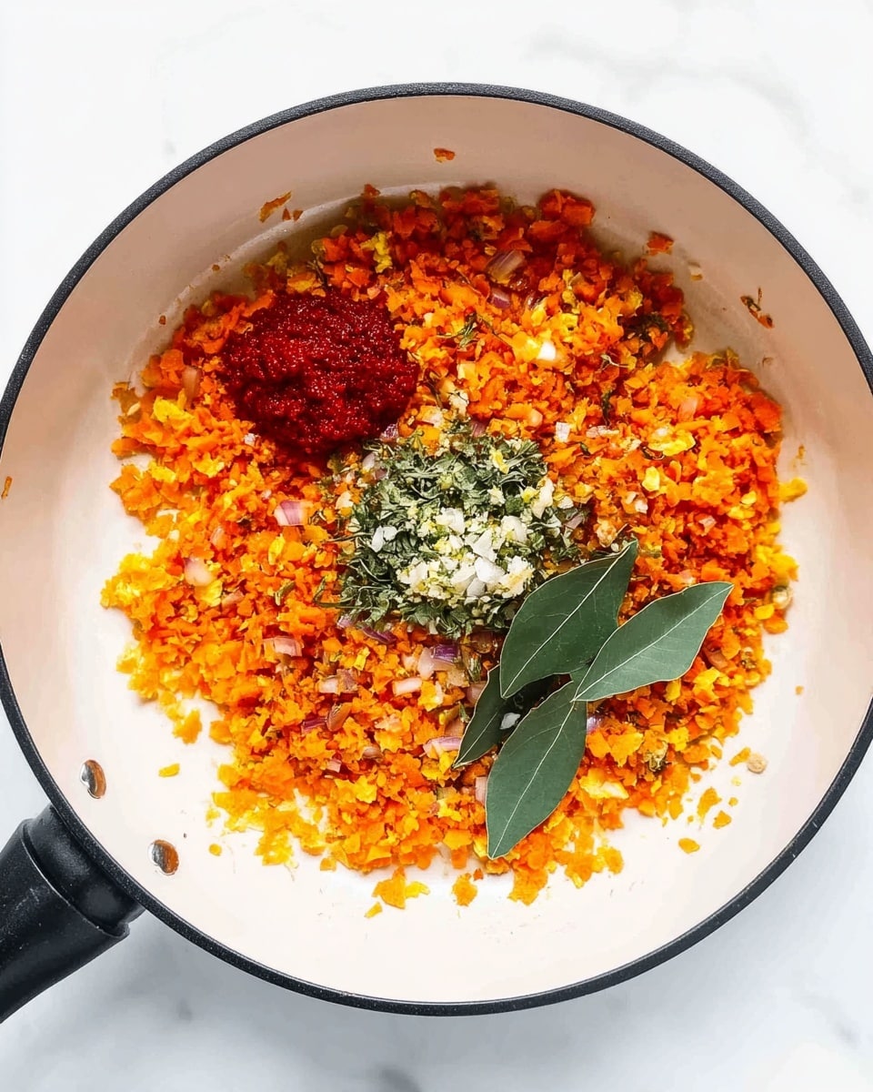 In a large white pan set on a white marbled surface, there is a colorful mix of finely chopped orange carrots and red onions spread in the center, creating a textured base layer. On top of this base, near the left center, there is a dollop of bright red tomato paste. Near the center of the pan sits a small mound of finely chopped green herbs mixed with minced garlic, adding a fresh touch of green and white colors. Two dark green bay leaves rest on the right side, lying flat over the chopped vegetables. The pan’s rim is black, and the entire scene is brightly lit, showing the vibrant colors clearly. Photo taken with an iphone --ar 4:5 --v 7