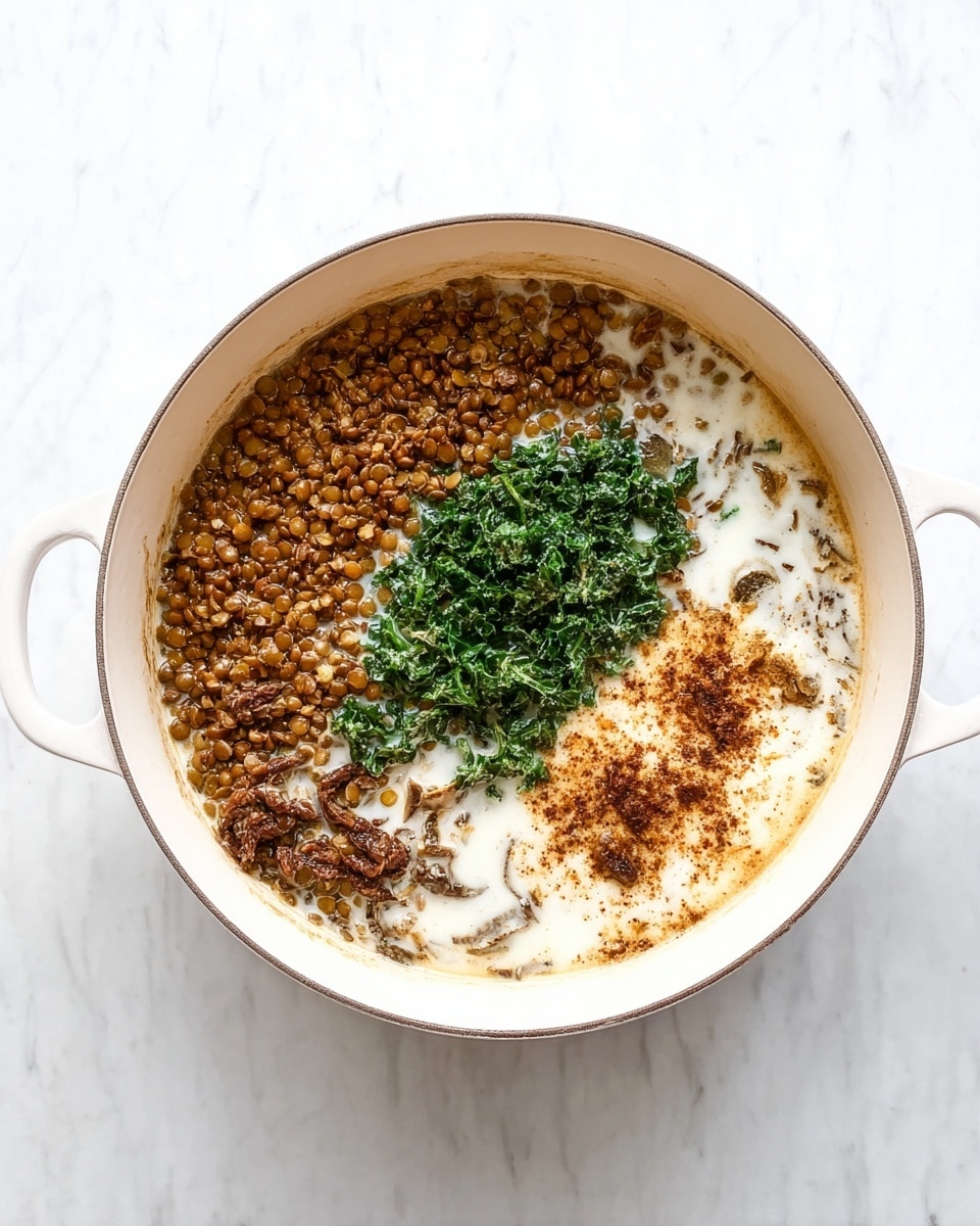 A white pot is shown from above on a white marbled surface, filled with a dish in three main parts: on the left side, there are brown lentils with some dark bits mixed in; on the right, there is a creamy white liquid with brown spices floating on top; and in the center, there is a small pile of dark green chopped leafy vegetables. The ingredients have a soft, cooked texture and are arranged so that each section is clearly visible. photo taken with an iphone --ar 4:5 --v 7