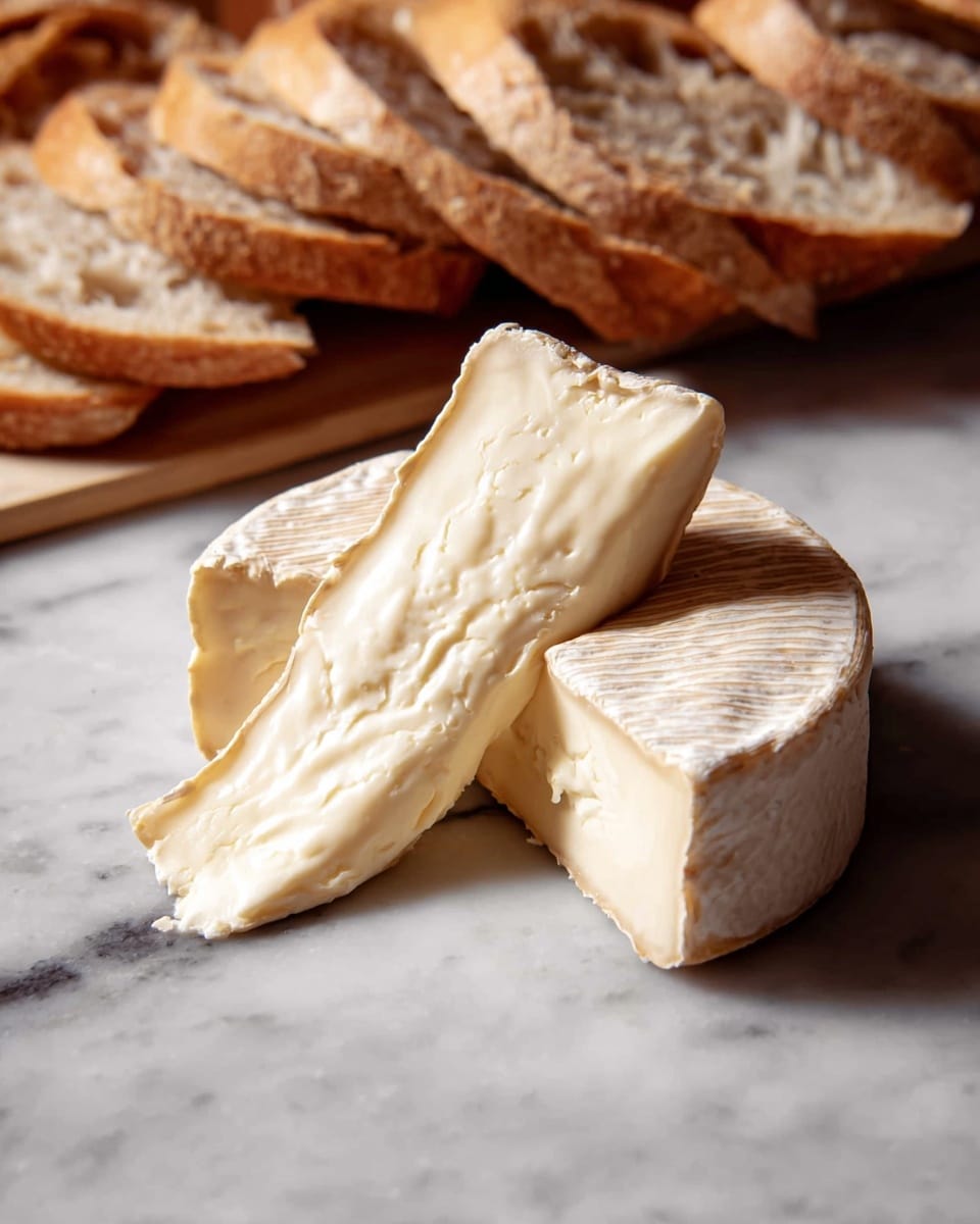 A creamy, soft cheese wedge with a light beige rind sits on a white marbled surface, with part of the wedge tilted against the base showing its smooth, pale yellow inside that looks slightly shiny and rich. Behind the cheese, there are several slices of crusty bread with a light brown crust and soft, pale interior, placed in the background on the same white marbled surface. The focus is on the cheese with fine details in its creamy texture and subtle rind patterns visible. Photo taken with an iphone --ar 4:5 --v 7