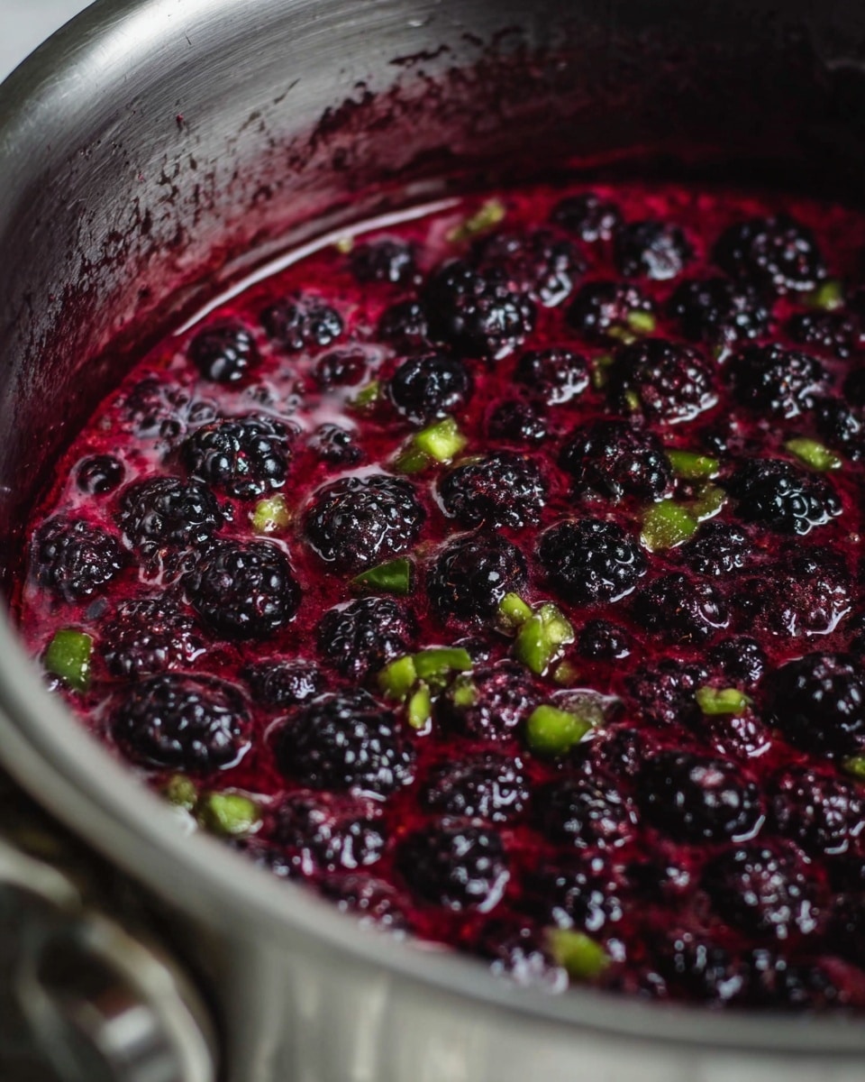 A close-up view inside a shiny silver pot filled with dark purple-black blackberries partially soaked in a red-purple liquid; small bits of green jalapeño pieces are scattered among the fruit, adding contrast in color and texture. Photo taken with an iphone --ar 4:5 --v 7