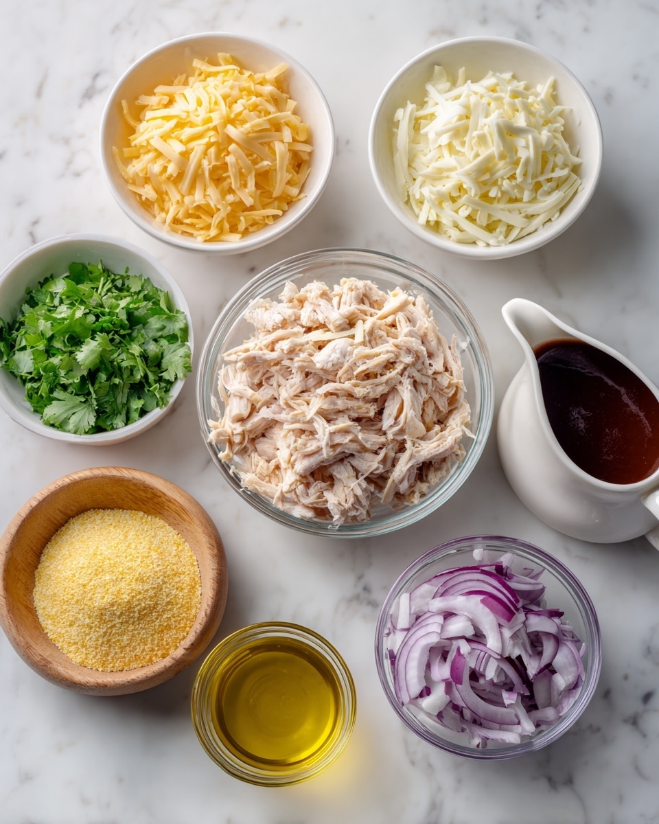 The image shows seven small white bowls with different ingredients arranged on a white marbled surface. In the center is a clear bowl filled with shredded chicken in pale pink and white tones. Above it, there is a bowl with light yellow shredded smoked Gouda cheese and next to it, a bowl with white shredded mozzarella cheese. To the left of the chicken, there is a small bowl with green chopped cilantro leaves and a wooden bowl below it holding yellow cornmeal. To the bottom right of the chicken, there is a clear bowl with thinly sliced purple-red red onion rings. Finally, to the right of the chicken, there is a white pouring jug filled with dark reddish-brown BBQ sauce and a small glass bowl with golden olive oil. The bowls are all neatly spaced on the smooth, bright white marbled background. photo taken with an iphone --ar 4:5 --v 7