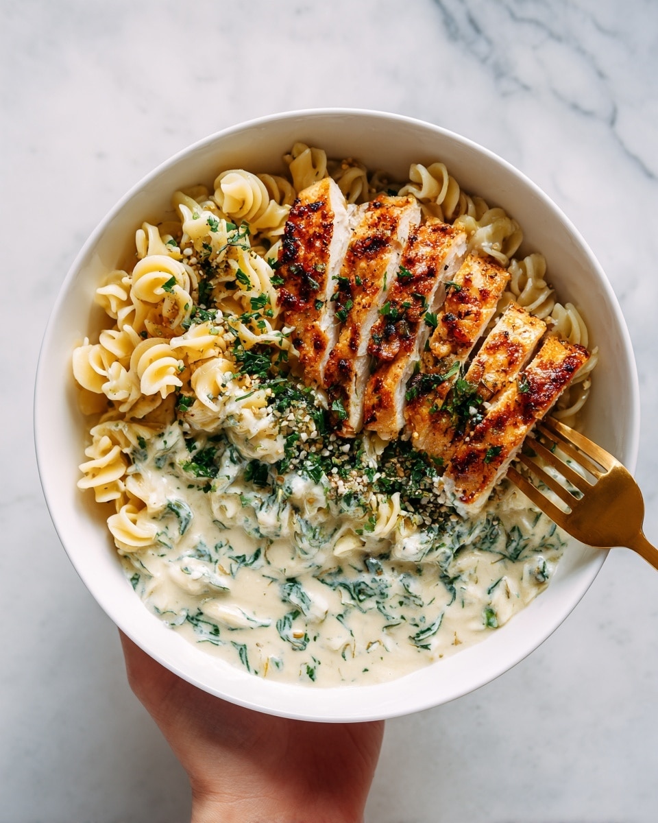 A white bowl filled with curly pasta coated in creamy white sauce forms the base layer, showing a smooth and rich texture. On top, there are several slices of golden brown, crispy breaded chicken arranged in a neat row across the center. The chicken has a crunchy crust with some visible seasoning and flaky salt. Fresh green basil leaves are sprinkled over the chicken and pasta, adding a touch of color and freshness. A woman's hand holds a gold fork that is picking up a piece of the chicken, revealing the tender white inside. The bowl sits on a white marbled surface. photo taken with an iphone --ar 4:5 --v 7