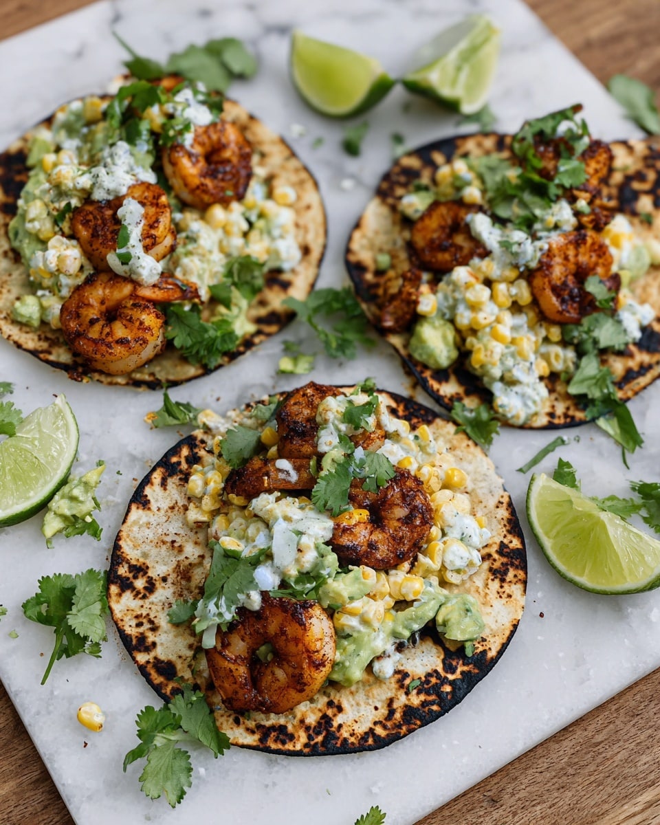 Three tacos are placed on a white marbled textured surface, each taco made with a charred tortilla as the base layer, showing dark burnt spots and a soft texture. On top of each tortilla, there is a layer of green avocado pieces, followed by a middle layer of browned, spiced shrimp with a slightly crispy texture. The top layer is creamy corn salad mixed with white sauce and small green herbs, garnished with fresh green cilantro leaves. Scattered lime wedges surround the tacos on the white marbled surface. Photo taken with an iphone --ar 4:5 --v 7