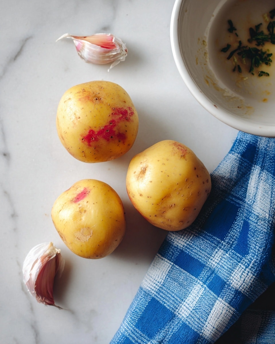 Three small yellow potatoes with some red spots and small brown patches are placed on a white marbled surface near two garlic cloves in their skin. Part of a white bowl with light brown inside and green herbs on potatoes is shown in the top right corner. A blue and white checkered cloth is partly under the bowl and potatoes. Photo taken with an iphone --ar 4:5 --v 7