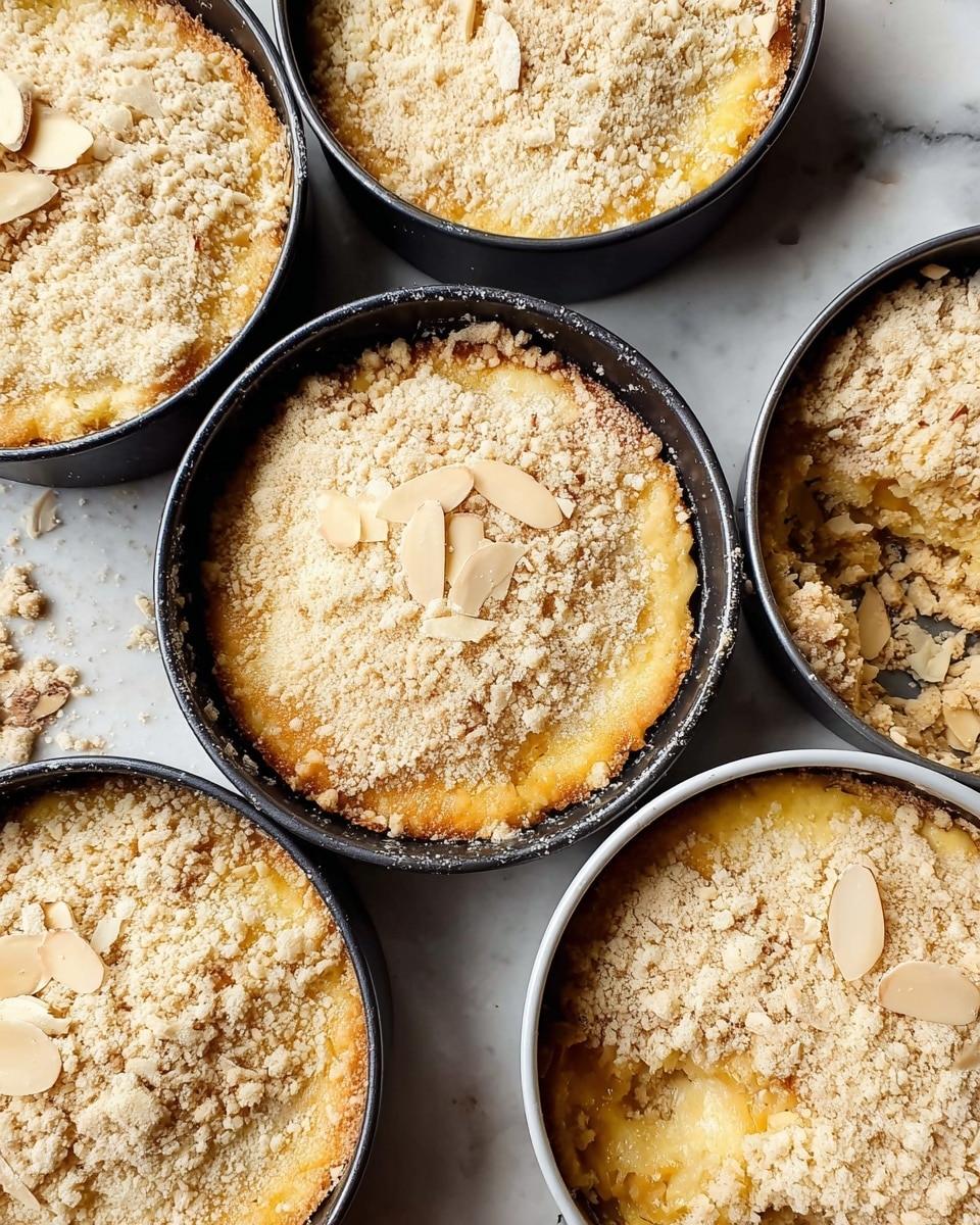 There are six small round cakes in black and white baking pans arranged on a white marbled surface. Each cake has two main visible layers: a golden yellow bottom layer with a smooth texture and a crumbly pale beige topping sprinkling unevenly on top. Two of the cakes have thin, slivered almonds scattered on their crumbly tops. The cakes have slightly uneven edges, showing a moist and soft texture inside with crumbs around the pans. photo taken with an iphone --ar 4:5 --v 7