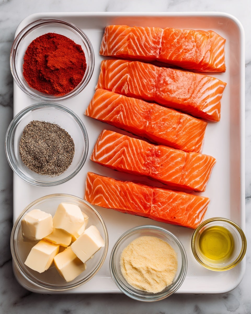 A white tray holds six fresh salmon fillets, bright orange with visible white veins of fat, arranged neatly in two rows. Surrounding the tray, five small clear glass bowls are placed on a white marbled surface: at the top center is a bowl with light yellow garlic powder, to the left is a bowl filled with deep red sweet paprika, below that is a bowl with coarsely ground black salt and pepper, and at the bottom left is a bowl with two pale yellow blocks of unsalted butter. To the bottom right, a small bowl with pale green olive oil completes the arrangement. Each ingredient is labeled with simple black text above or beside the bowls. photo taken with an iphone --ar 4:5 --v 7