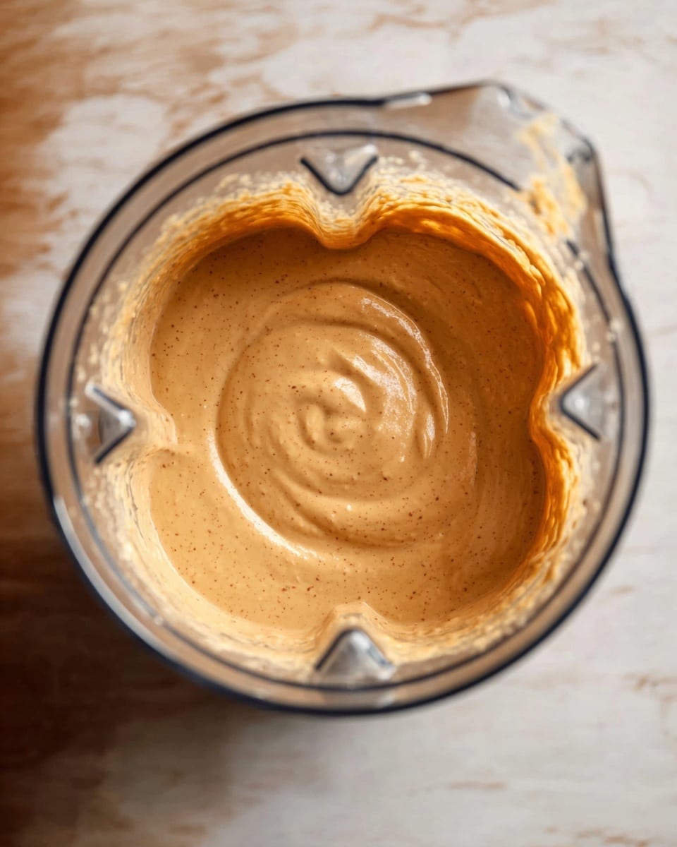 This image shows a close-up top view of a blender filled with a smooth, creamy sauce or puree. The sauce is a light brownish-orange color with a few tiny darker specks throughout. The texture looks thick and slightly swirled in the center, as if it was just blended. The blender jar is clear and has visible blending blades inside, while the surface below the blender is a white marbled texture. Photo taken with an iphone --ar 4:5 --v 7
