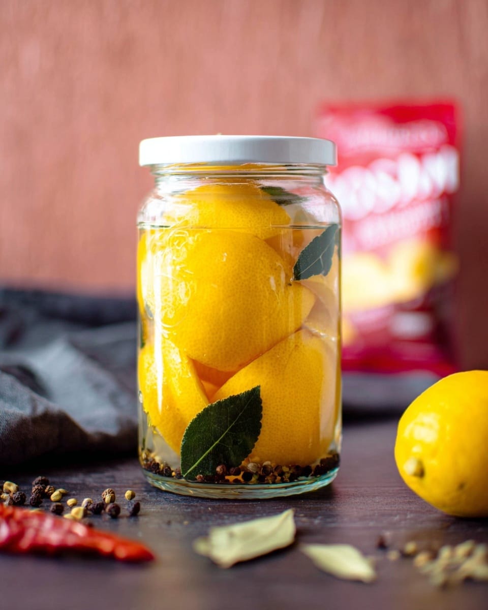 A clear glass jar with a white lid is filled with several bright yellow lemon wedges stacked in layers. Scattered between the lemon pieces are small coriander seeds and a few dark green bay leaves, adding texture and contrast. The jar sits on a dark surface with some blurred spices like coriander seeds and red chili peppers around it. A whole lemon is nearby to the right. The background shows a blurred red and white salt package against a soft pinkish wall, and the whole scene is well lit with natural light. photo taken with an iphone --ar 4:5 --v 7