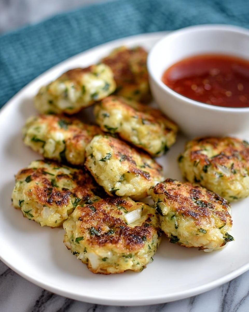 The image shows a white plate with a group of small, round patties made from shredded green zucchini and white cheese, mixed with grains or small bits of dough. Each patty has a golden-brown crust with some charred spots on top and a chunky, moist texture with visible green and white pieces. The plate is placed on a white marbled surface. photo taken with an iphone --ar 4:5 --v 7