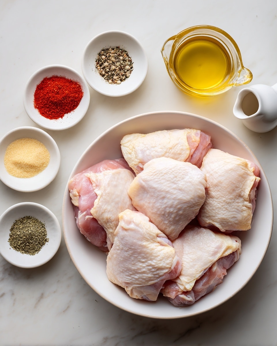 A white bowl filled with eight raw chicken thighs, light pink with some white fat visible, sits at the center on a white marbled surface. Around the bowl are six small white dishes and one small white pitcher, each holding different ingredients: bright red paprika powder, black ground pepper, light yellow garlic powder, beige onion powder, coarse white salt, dried green herbs, and golden olive oil in the pitcher. The dishes and pitcher are neatly spaced around the bowl. Photo taken with an iphone --ar 4:5 --v 7