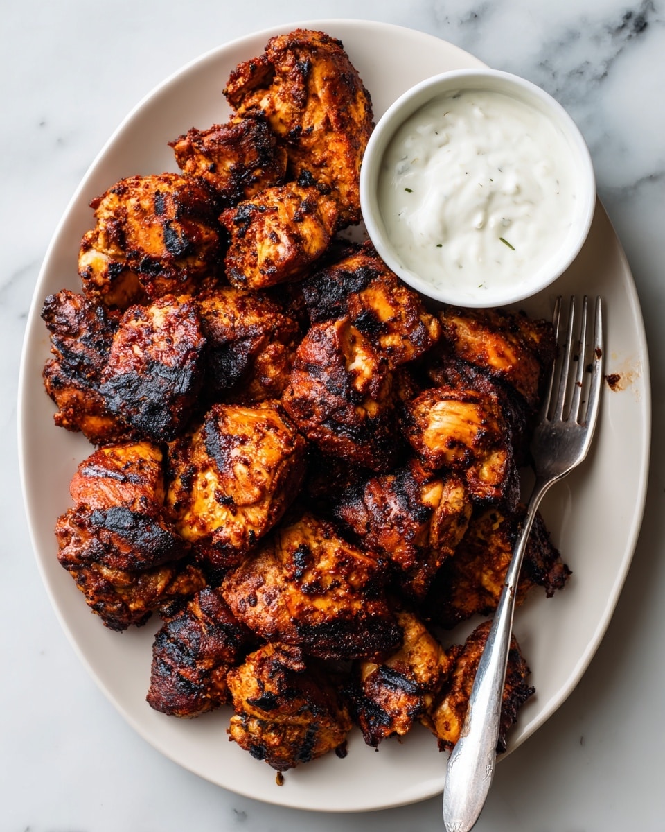 The image shows a white oval plate filled with a pile of grilled chicken pieces. The chicken has a charred, crispy texture with a mix of dark brown and reddish-brown colors, showing a well-cooked surface with spices. A silver fork rests on the top edge of the plate, partly on the chicken. In the top right corner, there is a small white bowl filled with a creamy white sauce. The whole scene is set on a white marbled surface. photo taken with an iphone --ar 4:5 --v 7