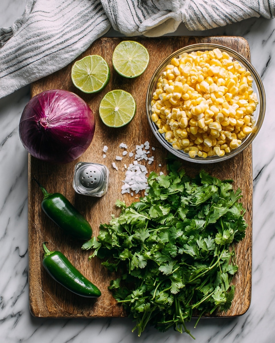 A wooden cutting board sits on a white marbled surface with a clear glass bowl filled with bright yellow and pale cream corn kernels placed near the top right. Below the bowl, there is a bunch of fresh green cilantro with leafy stems spread out towards the bottom right. On the left side, a whole red onion with a shiny skin rests near the center, with two lime halves showing their juicy green interior placed above it. A whole dark green jalapeno pepper lies towards the bottom left corner. A clear salt shaker is positioned near the top left corner of the board. A white and gray striped cloth peeks out from the top left edge of the cutting board. photo taken with an iphone --ar 4:5 --v 7