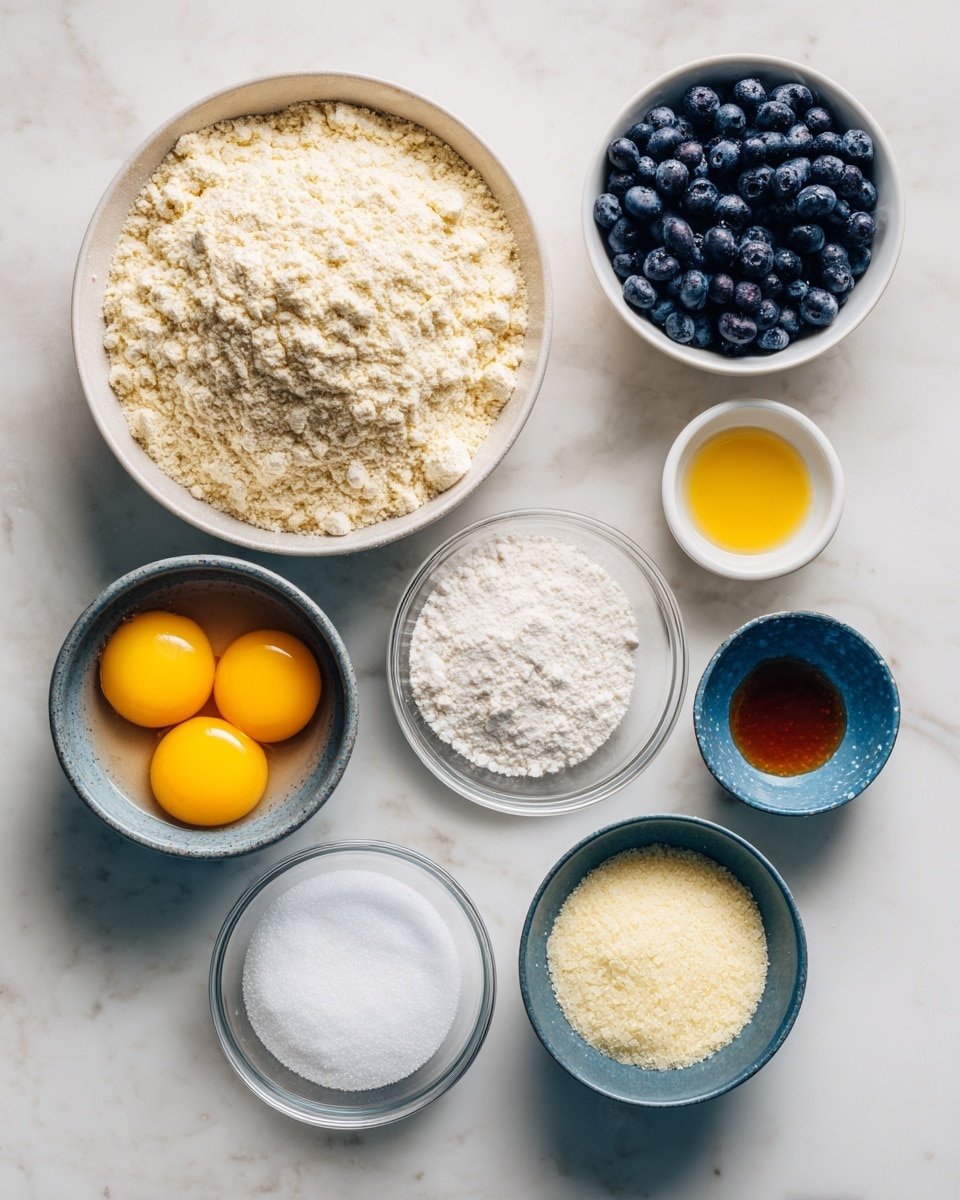 A top view of nine small bowls arranged in a loose grid on a white marbled surface, each holding a different baking ingredient. The largest bowl near the top center is filled with light beige almond flour with a powdery texture and some clumps. To the right is a smaller white bowl holding dark blue, round blueberries with a matte finish. Below the almond flour bowl is a clear glass bowl filled with fine, white tapioca starch. Next to the tapioca starch on the right is a tiny bowl with amber-colored vanilla extract. Beneath the tapioca starch bowl is another clear glass bowl filled with fine white sugar. To the bottom left is a clear small bowl with melted golden yellow unsalted butter. Above that, a white bowl contains two bright yellow eggs with visible yolks. Near the top left is a blue-gray bowl holding fine white baking powder, and below that a small bowl has white salt crystals. Each bowl is clearly labeled with text naming the ingredient. Photo taken with an iphone --ar 4:5 --v 7