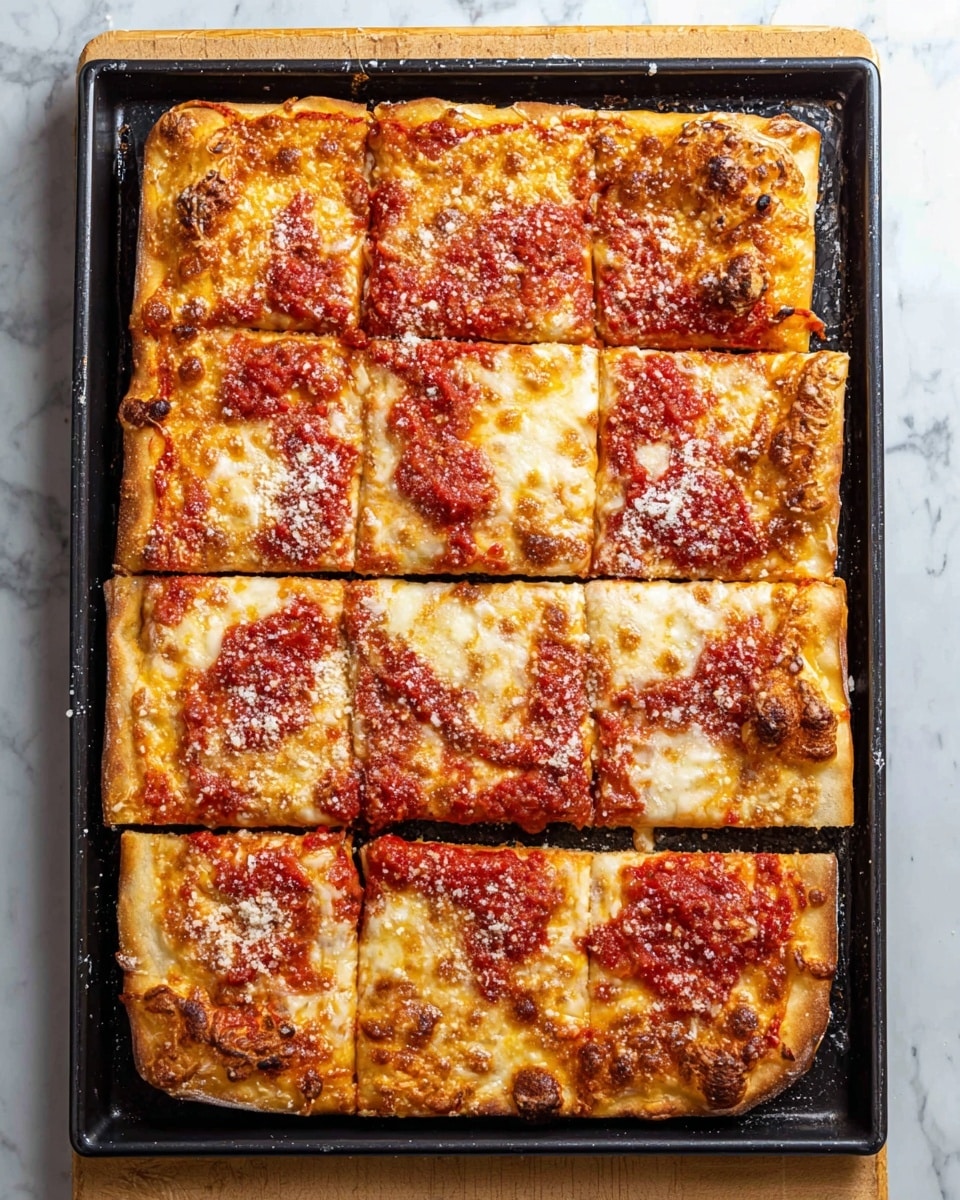A rectangular pizza is cut into eight square slices and placed in a black baking tray that shows some baked marks. The pizza has one layer of thick golden brown crust, topped with melted light orange cheese that has browned spots. There are uneven patches of rich red tomato sauce spread across the cheese layer, with light sprinkles of white grated cheese on top. The tray is on a white marbled surface, and the scene is viewed slightly from above. photo taken with an iphone --ar 4:5 --v 7