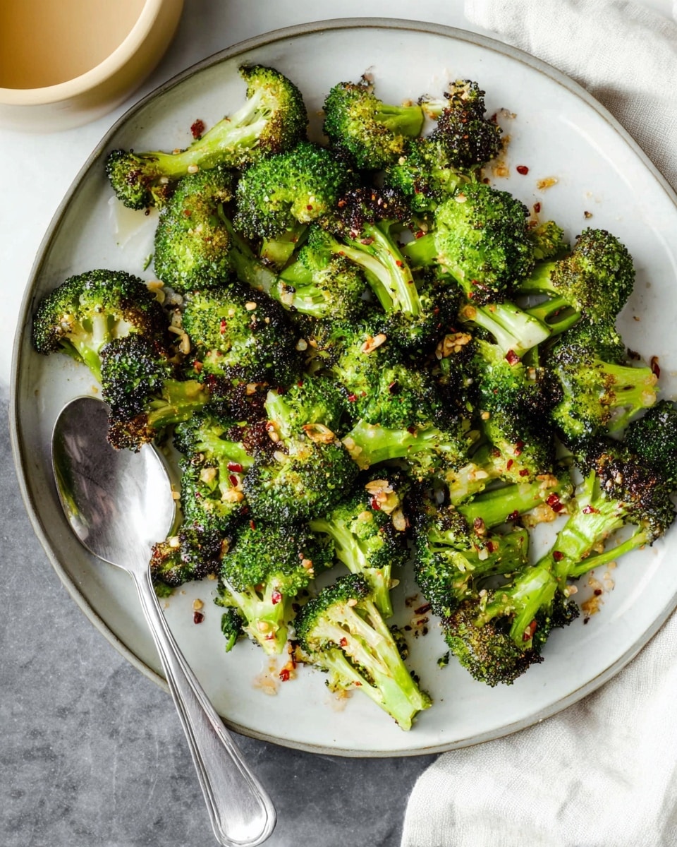 This image shows a close-up view of roasted broccoli pieces spread out on a white plate with a textured finish. The broccoli is in many layers, with bright green florets that turn darker and slightly brown at the edges from roasting. Some parts show light yellow-green stems, soft and tender, with bits of coarse salt and red chili flakes sprinkled on top. The texture looks slightly crispy on the edges and juicy in the middle, with small pools of glossy oil catching the light. The white marbled surface under the plate adds a clean, fresh background to the image. Photo taken with an iphone --ar 4:5 --v 7