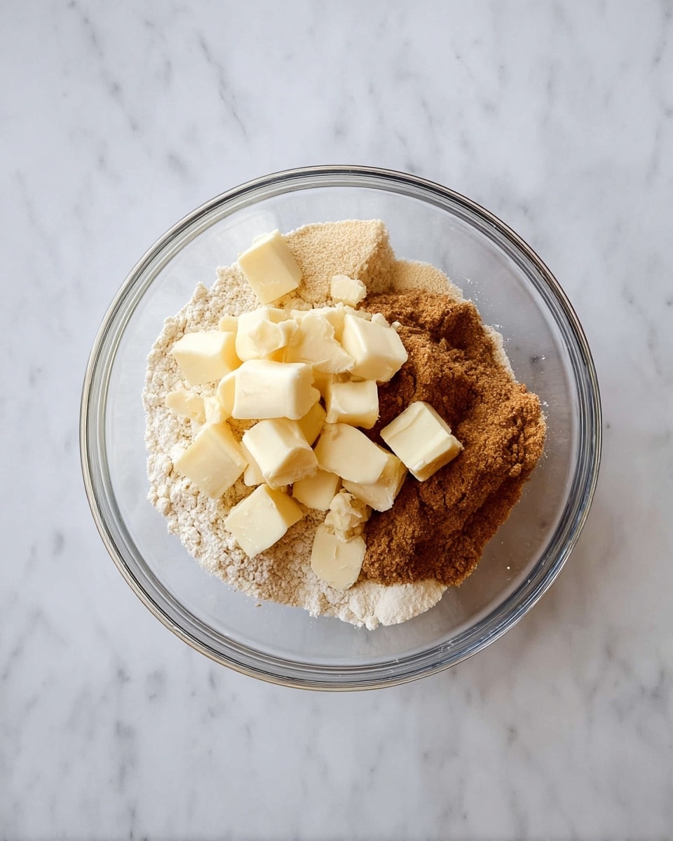 A clear glass bowl sits on a white marbled surface, holding four layers of ingredients. The bottom layer is light beige flour, beside it is a mound of medium brown sugar, and next to that is a small pile of cinnamon in a darker brown shade. On top of all these dry ingredients are multiple small cubes of pale yellow butter scattered evenly. The bowl is viewed from above, showing the contrast of colors and textures clearly. photo taken with an iphone --ar 4:5 --v 7