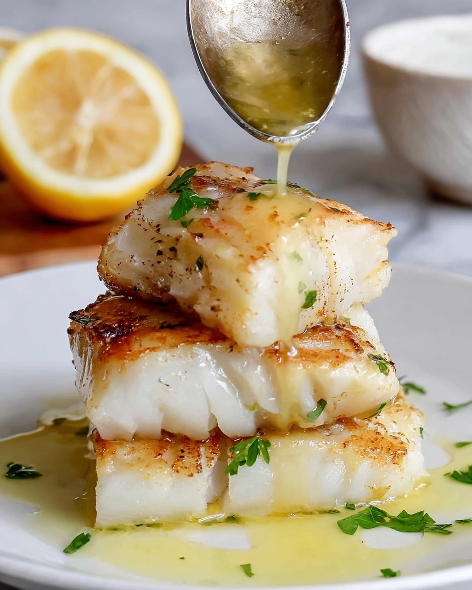 Three thick pieces of cooked white fish stacked on a white plate, each piece having a light golden-brown sear on the edges, with small green parsley leaves sprinkled on top. A light yellow sauce is being poured from a spoon onto the top piece, with some sauce pooling around the base of the fish. In the background, there is a partially cut lemon and a white bowl, all set on a white marbled surface. photo taken with an iphone --ar 4:5 --v 7