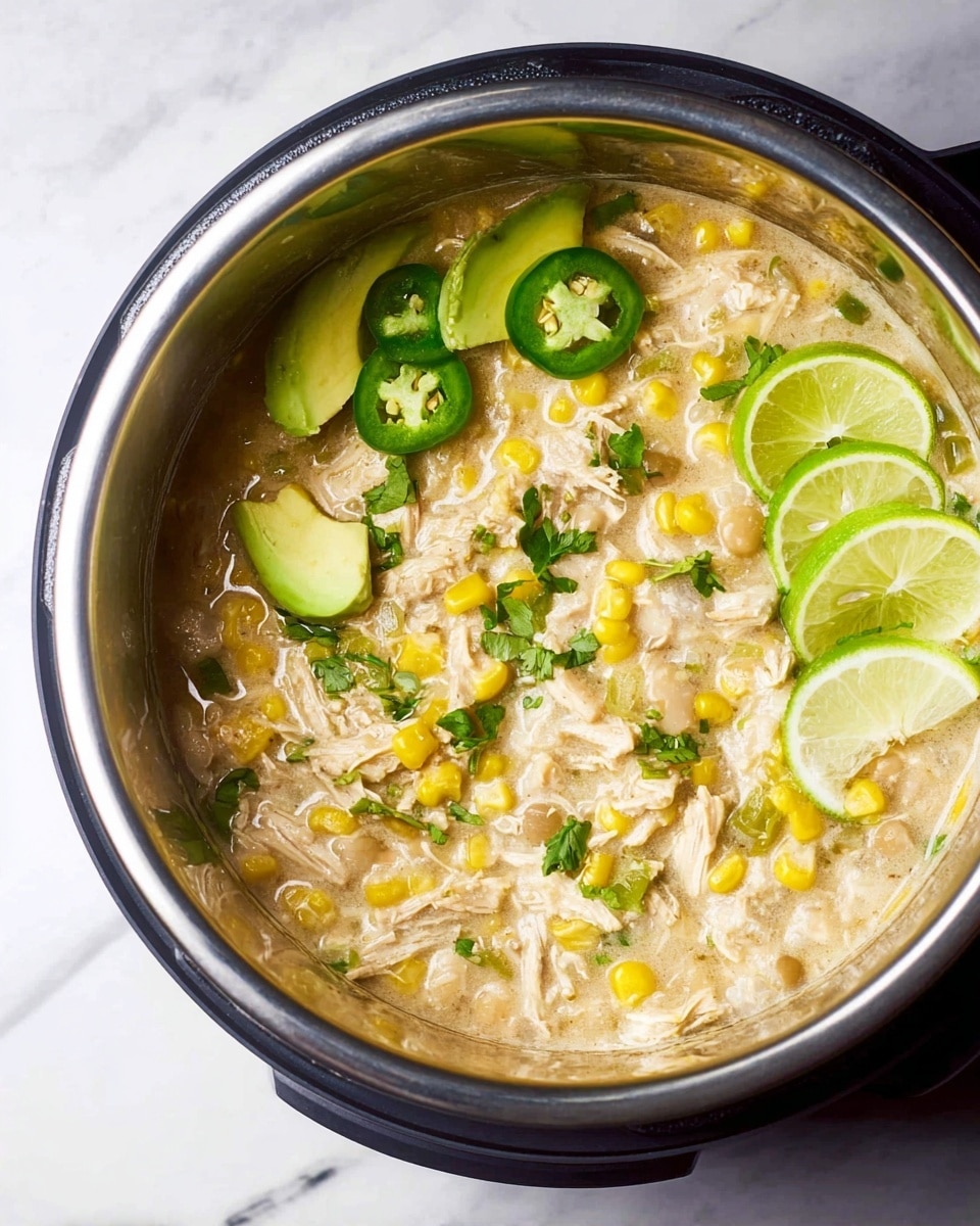 The dish is a creamy, thick stew inside a shiny metal container, showing shredded white meat mixed with bright yellow corn and small green herbs scattered on top. On one side of the stew, three thin green lime slices rest, layered beside small chunks of light green avocado. Bright green slices of jalapeño pepper sit near the front. The stew's creamy texture has a light beige color, with bits of corn and greens standing out. The container edge is smooth and shiny, and the whole scene sits on a white marbled surface. Photo taken with an iphone --ar 4:5 --v 7