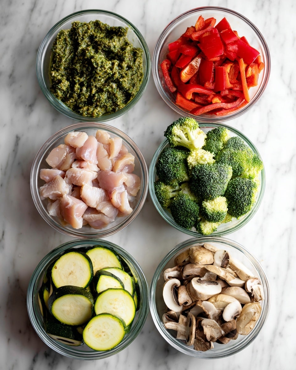 The image shows six clear glass bowls placed on a white marbled surface. The top left contains a white pouch of green pesto sauce. On the top right is a bowl filled with bright red pepper pieces, cut into thick strips. Below it to the center right is a bowl of fresh green broccoli florets with thick stalks. On the bottom right is a bowl of beige and brown mushrooms sliced into medium-sized pieces. On the bottom left is a bowl of green zucchini slices with dark green skin and pale inner flesh, cut into half-moon shapes. In the center left is a bowl with light pink raw chicken pieces cut into small chunks. All bowls are round and white, with labels on each ingredient. photo taken with an iphone --ar 4:5 --v 7