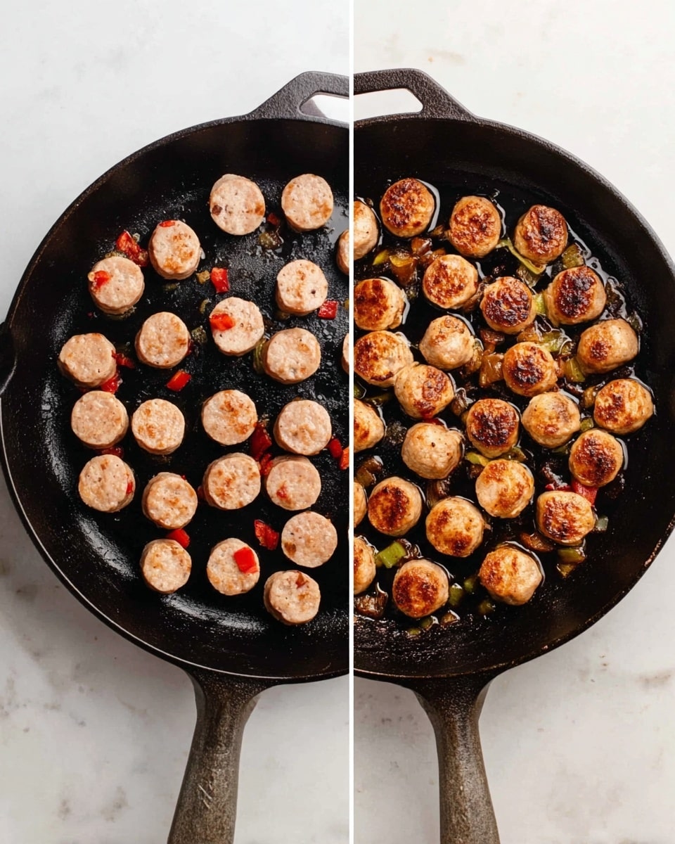 Two side-by-side images show a black cast iron pan on a white marbled surface. The left image has about 30 small, round slices of raw sausage with visible pieces of red and green pepper inside. In the right image, the same sausage slices are cooked, with a golden brown, slightly crispy surface and some darker browned spots. The pan handle is visible at the bottom in both images. photo taken with an iphone --ar 4:5 --v 7