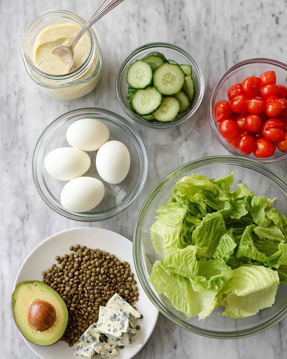 The image shows separate ingredients for a salad arranged on a white marbled surface. There is a clear glass bowl with fresh green lettuce leaves in the center. To the top left, there is a glass jar with creamy dressing and a spoon inside. Next to it, a small clear bowl holds sliced green cucumbers. Below the cucumbers, another small clear bowl contains bright red cherry tomato halves. To the left, two hard boiled eggs sit in a glass bowl. In the bottom left corner, a white plate holds cooked green lentils, half a peeled avocado with its seed removed, and a small piece of blue cheese. Photo taken with an iphone --ar 4:5 --v 7