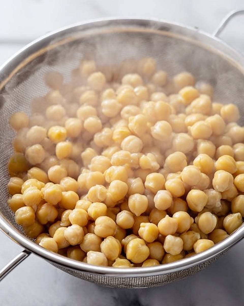 The image shows a close-up of chickpeas in a silver metal strainer. The chickpeas are light yellow and beige, smooth and round, filling the strainer almost to the top. Steam rises softly above the chickpeas, showing they are hot and just cooked. The background is a white marbled texture. photo taken with an iphone --ar 4:5 --v 7
