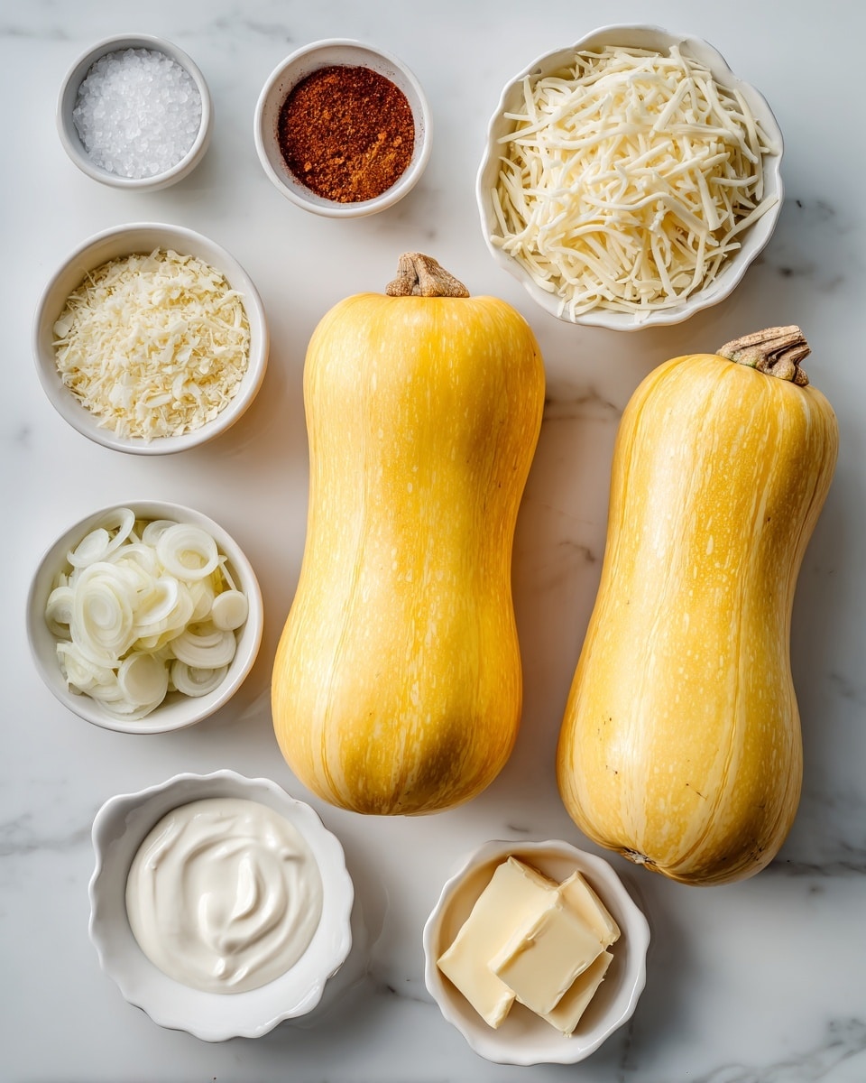 Two whole bright yellow squashes lie side by side on a white marbled surface, surrounded by small white bowls containing different ingredients. Clockwise from the top left, a bowl of white salt crystals, a bowl of paprika powder, a bowl of grated pale yellow parmesan cheese, a bowl of shredded mozzarella cheese, and a bowl of thinly sliced white onion. Below the onion is a small bowl with minced garlic. Near the bottom left corner, a white bowl holds a creamy white heavy cream, next to a smaller bowl filled with light brown pepper. A white bowl with pale yellow butter is located above the cream. A shallow empty white dish with a scalloped edge is near the bottom left, completing the arrangement photo taken with an iphone --ar 4:5 --v 7