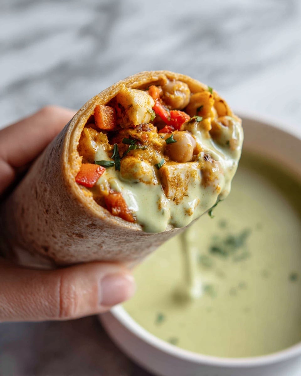 A close-up image of a burrito held by a woman's hand, showing three main visible layers at the open end: a soft light brown tortilla wrap as the outer layer, a middle layer of chunky golden brown beans mixed with small pieces of red and green vegetables, and an inner layer of creamy pale green sauce with small green herbs drips slightly dripping into a white bowl filled with the same pale green sauce below; the background is softly blurred with a white marbled texture. photo taken with an iphone --ar 4:5 --v 7