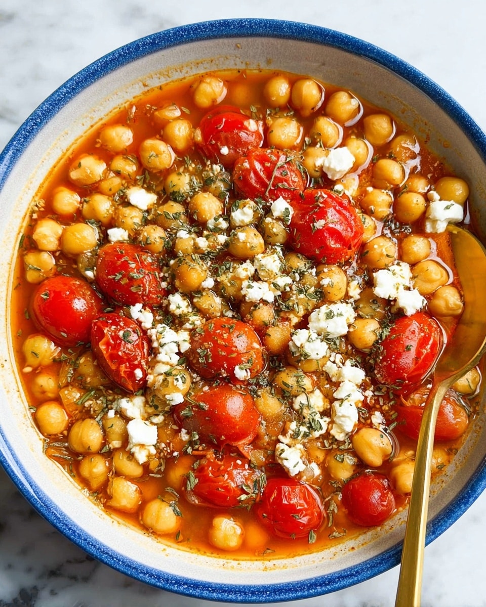 A white bowl with a blue rim holds a warm dish showing three main layers: the bottom layer is an orange-red thick broth filled with small bits of cooked onions; the middle layer consists of golden chickpeas spread evenly across the bowl, creating a textured, round shape; the top layer features bright red whole cherry tomatoes and small chunks of white cheese sprinkled over everything, all dusted lightly with green herbs and black pepper. A golden spoon is partially inside the bowl on the right side. The bowl rests on a white marbled surface. photo taken with an iphone --ar 4:5 --v 7