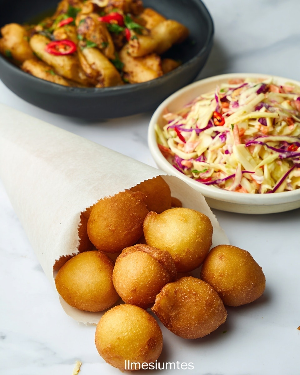 The image shows a bunch of golden-brown fried dough balls spilling out of a white paper cone, placed on a white marbled surface. Behind them, on the right, is a white bowl filled with coleslaw made of thin strips of pale yellow, purple, and orange cabbage mixed with a creamy dressing, giving it a soft and fresh texture. In the background on the left side, there is a black bowl holding cooked pieces of chicken mixed with green herbs and small red chilies, adding a touch of color and spice to the dish. Photo taken with an iphone --ar 4:5 --v 7