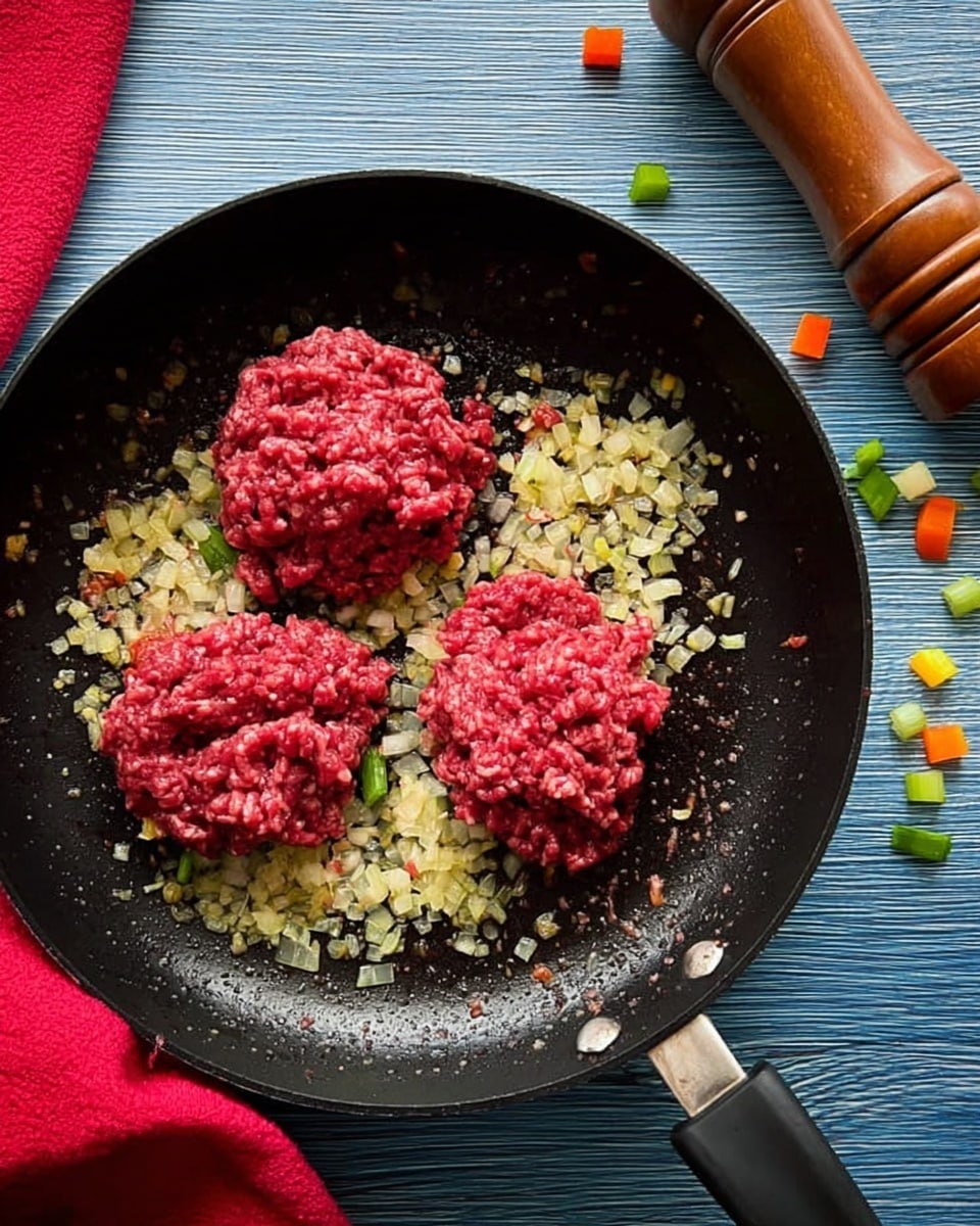 A close-up view of a black frying pan with three large clumps of raw red ground meat placed in the center, surrounded by finely chopped light yellow onions scattered throughout the pan. The frying pan is set on a blue wooden surface with a few mixed small pieces of orange, green, and yellow vegetables scattered near it. A red cloth is partially visible in the top left corner and a wooden pepper grinder lies on the right side of the image. The background is changed to a white marbled texture. Photo taken with an iphone --ar 4:5 --v 7