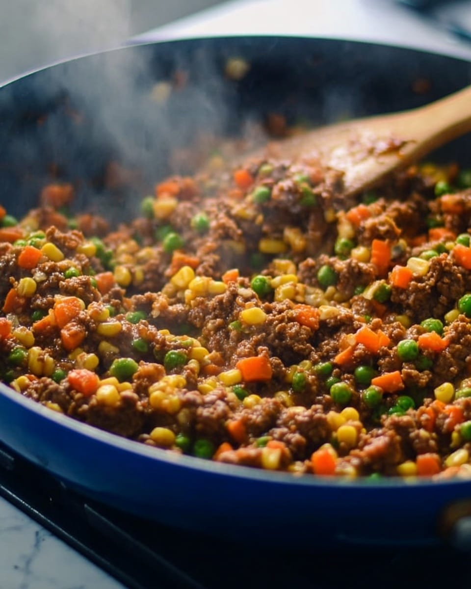 A close-up view of a dark blue pan cooking a mixture of ground meat with small diced orange carrots, yellow corn, and green peas spread evenly throughout. The food is being stirred with a wooden spatula, showing the rich brown color of the cooked meat combined with the bright colorful vegetables. Steam rises gently from the pan, adding a sense of warmth and freshness. The scene focuses on the sautéed ingredients in the pan, which sits on a stove, with a white marbled texture visible in the background. photo taken with an iphone --ar 4:5 --v 7