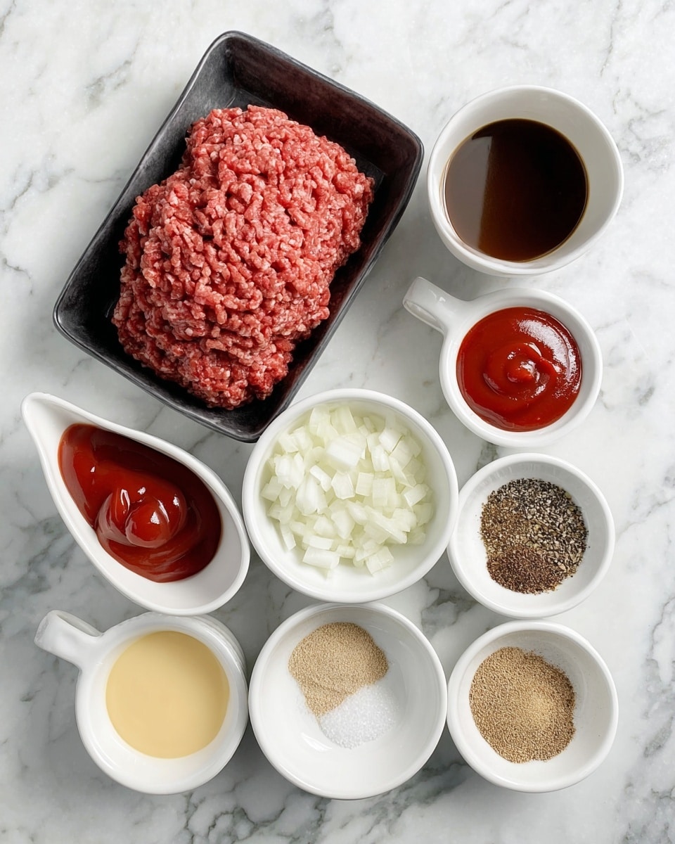 The image shows a top view of several small white bowls and a black tray arranged on a white marbled surface. The black tray on the left holds raw ground beef with a pinkish-red color and a textured surface. To the right of this tray are seven white bowls. The largest bowl at the top center contains a dark brown liquid. Below that, a small white bowl has finely chopped white onions. Next to the onions, another white bowl holds bright red ketchup with a smooth texture. Below the onions, a bowl contains a pale yellow liquid. To the right, another bowl is divided into three powdered spices in dark reddish brown, beige, and light beige colors. The last white bowl at the bottom center contains a mix of salt, black pepper, and brown spices, all separated from each other. The whole arrangement is neat and clear, showing all ingredients separately. photo taken with an iphone --ar 4:5 --v 7
