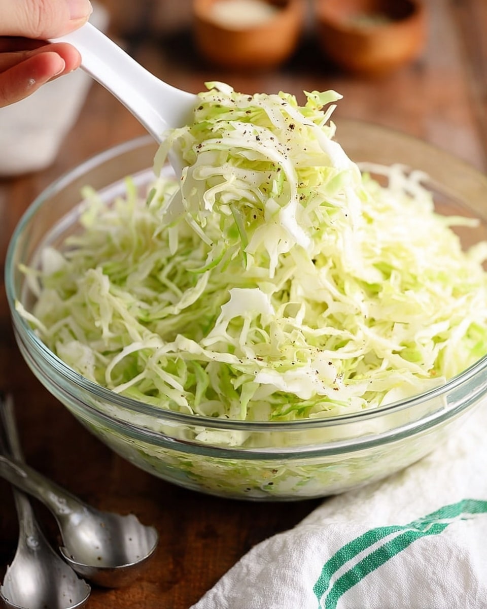 This image shows a clear glass bowl filled with shredded cabbage that has light green and white thin layers, mixed well and sprinkled with black pepper. A white spoon is scooping up a portion of the cabbage, held by a visible woman's hand at the top left of the image. The bowl sits on a wooden surface with two small metal measuring spoons nearby and a white cloth with green stripes on the bottom right corner. The background is softly blurred, featuring small wooden bowls with spices. The feeling is fresh and simple, focused on the crisp texture of the cabbage. Photo taken with an iphone --ar 4:5 --v 7
