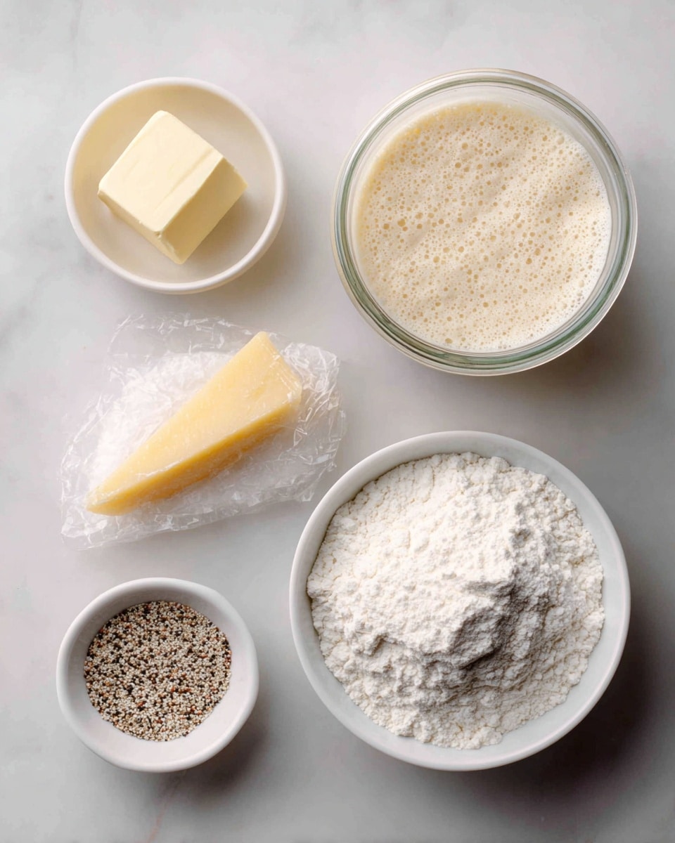 The image shows six ingredients placed on a white marbled surface. On the top right, there is a clear glass jar filled with light beige sourdough discard that has a bubbly texture on top. To its left, a small white bowl holds a cube of pale yellow unsalted butter. Below the butter, a wedge of pale yellow Asiago or Parmesan cheese is wrapped in plastic. Near the center, a very small white bowl contains fine white salt. On the bottom right, a large white bowl is filled with white all-purpose flour, showing a powdery texture. Below the salt, another small white bowl holds an optional seasoning mix, which looks like a blend of black, white, and tan sesame seeds and other small spices. photo taken with an iphone --ar 4:5 --v 7