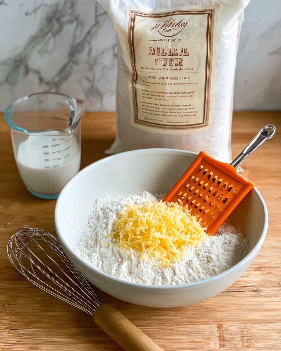 A white bowl filled with a white powdery layer of flour as the base, topped with a light yellow grated or shredded ingredient in the center, with an orange grater resting on the right side inside the bowl. Behind the bowl, there is a white bag of flour standing upright with a mostly beige and brown label, and to the left of the bowl, a clear measuring cup with a little white liquid inside. In front of the bowl, a wooden handle whisk lays flat on a light wooden surface with a white marbled texture background. Photo taken with an iphone --ar 4:5 --v 7