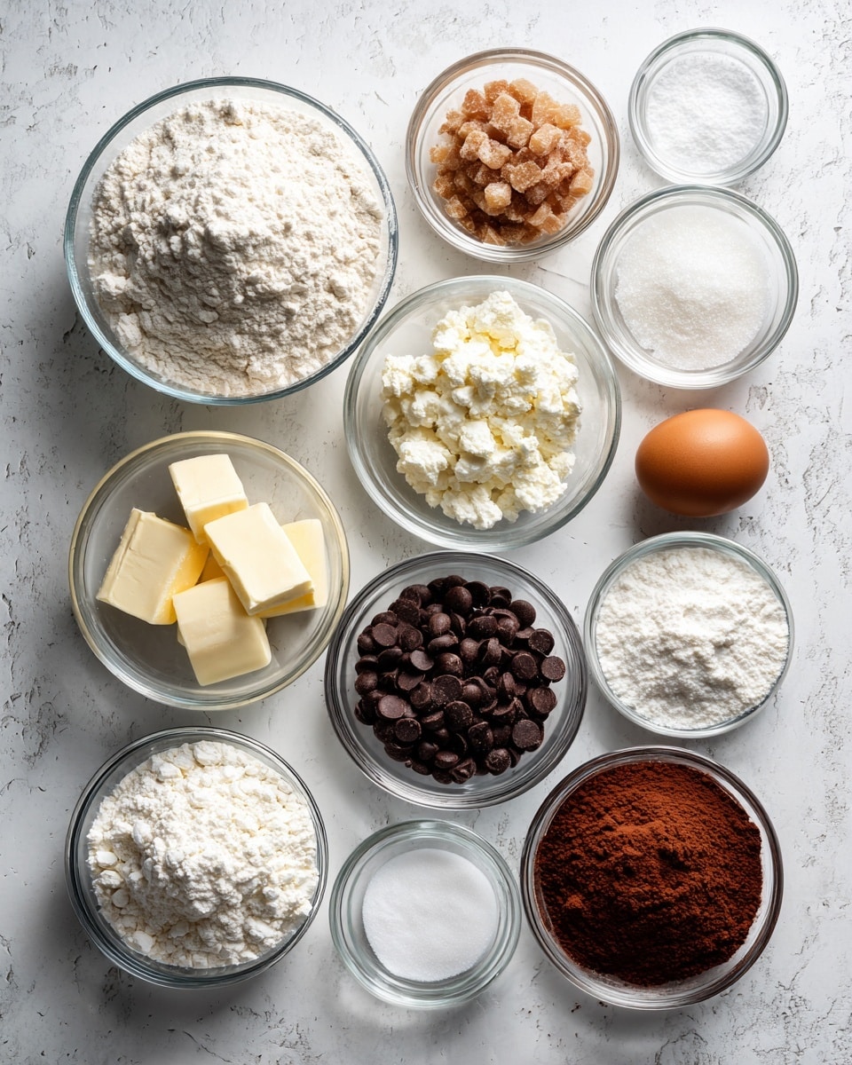 A top-down view of various baking ingredients arranged neatly on a white marbled textured surface, with each ingredient in clear glass or white bowls. The largest bowl on the left holds white flour with a soft powdery texture. At the bottom left, a clear bowl contains white cottage cheese with a textured, creamy appearance. Near the center, a small clear bowl has solid butter, creamy yellow and smooth. Next to it is a small clear bowl with dark chocolate chips, glossy and rounded. Above that, a white bowl filled with light brown sugar crystals sits. On the right side, a clear bowl holds a single brown egg with a smooth shell. Another white bowl contains fine white protein powder, textured and powdery. Small clear bowls hold white baking powder and white baking soda powders. There's also a small clear bowl with translucent coconut oil, and another with clear water. At the bottom right, a white bowl filled with reddish brown cacao powder, powdery and slightly clumpy. Each bowl's content is easily distinguishable by color and texture photo taken with an iphone --ar 4:5 --v 7
