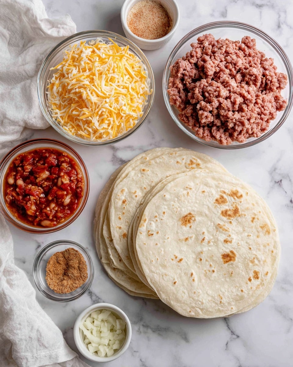 The image shows ingredients for making tacos set on a white marbled surface. There is a stack of three light beige flour tortillas on the right side, soft and round with slight brown spots. To the left, there are clear glass bowls holding raw ground beef with a pink and red texture, light brown refried beans with a mashed look, and a bright red salsa mixed with bits of green and white. A white bowl contains a heap of shredded yellow cheese with a fine, stringy texture. Two smaller bowls hold a coarse light brown taco seasoning and finely chopped pale yellow garlic. A white cloth is partly visible next to the tortillas. The scene has a clean and fresh feel. Photo taken with an iphone --ar 4:5 --v 7