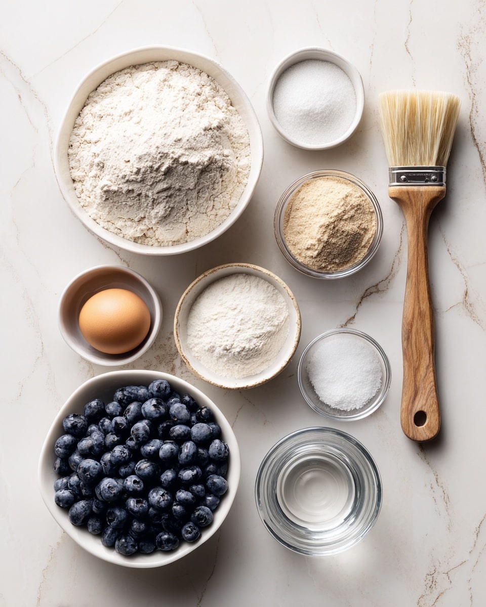 The image shows ingredients neatly arranged on a white marbled surface. On the top left, a white bowl filled with 4 cups of flour has a light, powdery texture. To the right, a small clear glass bowl contains a light tan powder labeled as 1 packet of active dry yeast. Next to it is another small clear glass bowl filled with a smooth, white powder, showing 1 tablespoon of sugar. Below these, a white bowl is full of fresh dark blue blueberries with a slight shine. To the bottom left, a white bowl with a white powder labeled 1 tablespoon baking soda, and above it a small clear glass bowl with a cracked raw egg next to a natural wooden brush with beige bristles. On the right side, a small white bowl holds a fine white salt labeled 1 teaspoon. The bottom right corner shows a clear glass measuring cup filled with clear, light liquid marked as 1 1/2 cups warm water. Each bowl or cup is perfectly clean and the ingredients are clearly visible. photo taken with an iphone --ar 4:5 --v 7
