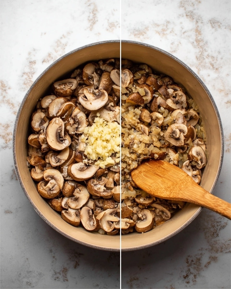 A large round beige pot filled with a thick layer of sliced brown mushrooms, light and dark brown shades, covering the bottom completely; in the center is a small mound of finely chopped pale yellow garlic. In the next scene, the mushrooms have shrunk, mixed with softened small pieces of light golden onions, creating a thick, juicy, and softened layer inside the pot. A wooden spoon with a warm brown color rests on the right side, touching the mushrooms. All this is on a white marbled surface. Photo taken with an iphone --ar 4:5 --v 7