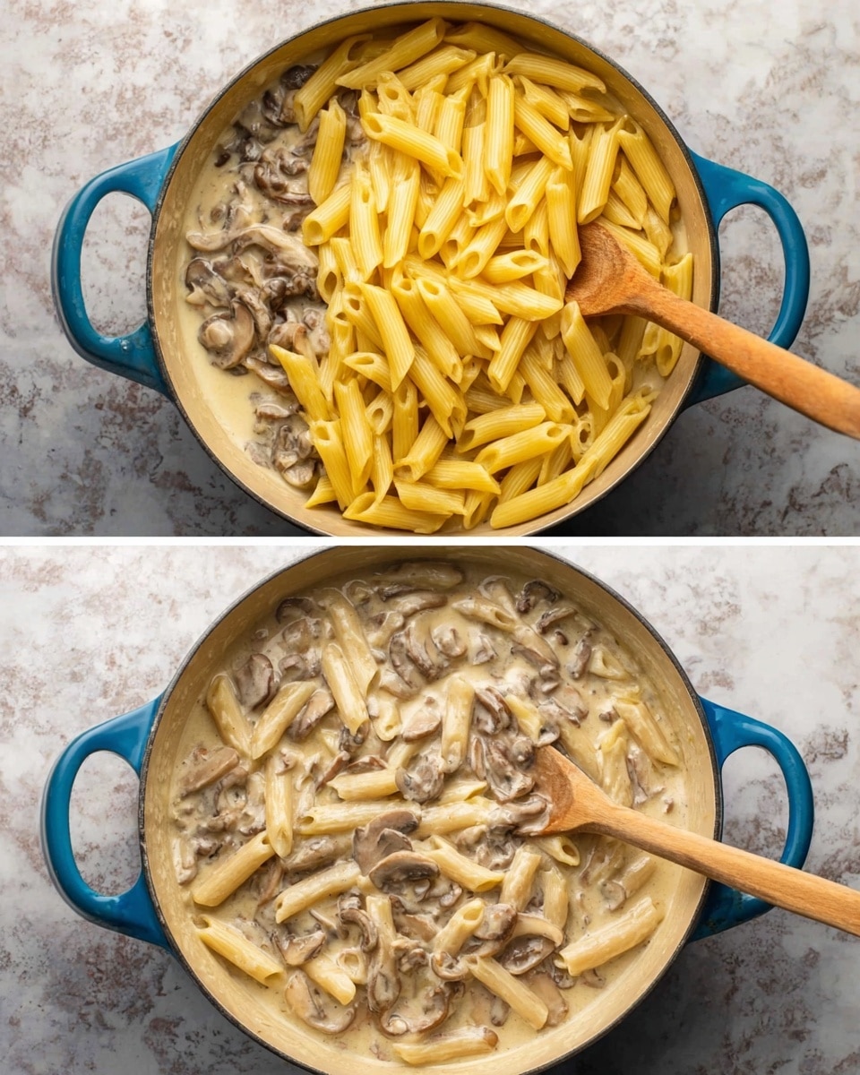 Two images of a blue cooking pot on a white marbled surface showing a creamy mushroom sauce pasta dish in progress. The first image shows a layer of sauce mixed with mushrooms at the bottom, topped with a layer of yellow cooked penne pasta. The second image shows the pasta and mushroom sauce fully mixed with the penne covered in thick light beige sauce filled with small slices of brown mushrooms. Two wooden spoons are in the pot, stirring the pasta. photo taken with an iphone --ar 4:5 --v 7