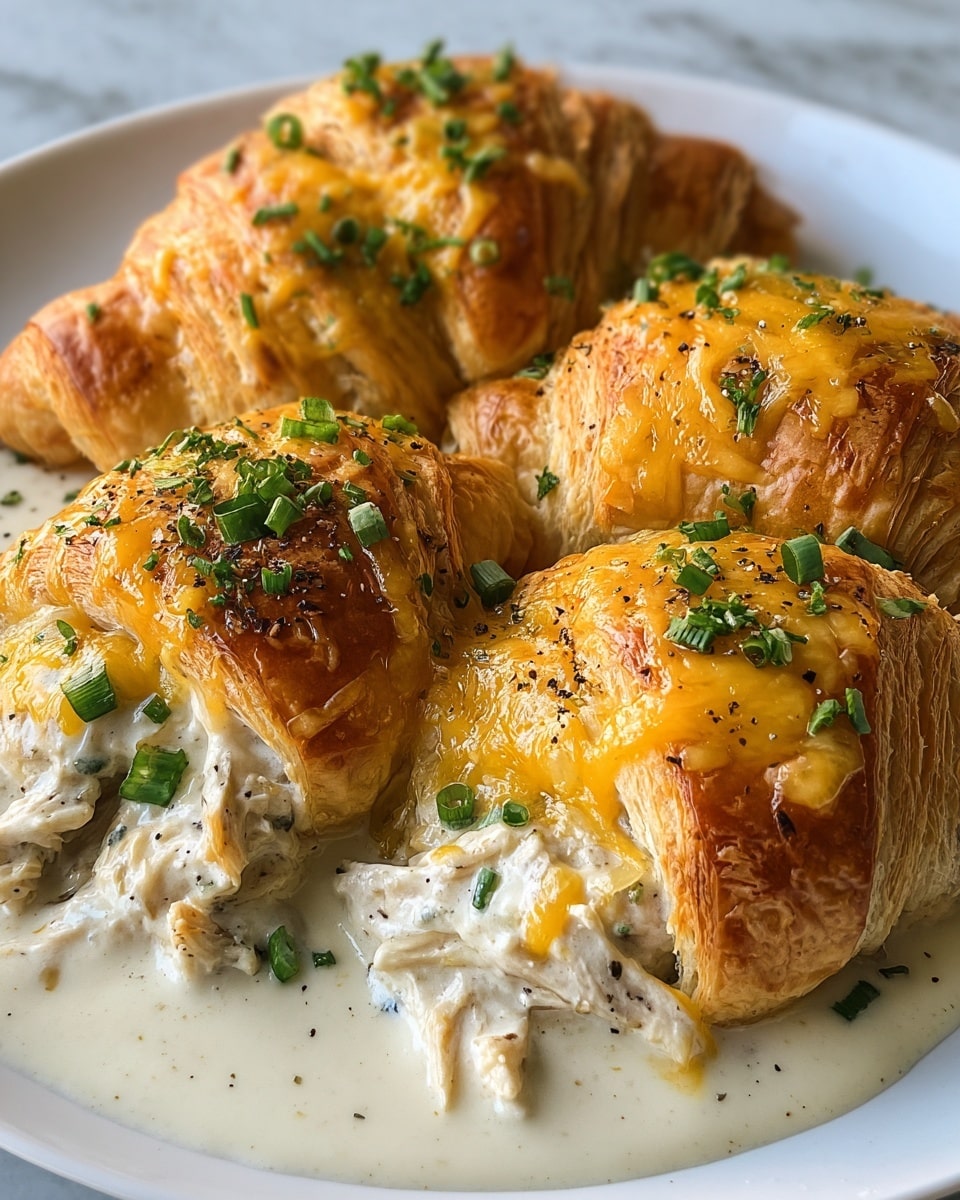The image shows four croissants placed close together on a white plate, each filled with shredded chicken mixed in a creamy white sauce. The croissants are golden-brown with a slightly crispy texture. Each croissant is topped with melted yellow cheese, which is bubbly and lightly browned in places, and sprinkled with small pieces of green chopped herbs. The plate sits on a white marbled surface. photo taken with an iphone --ar 4:5 --v 7