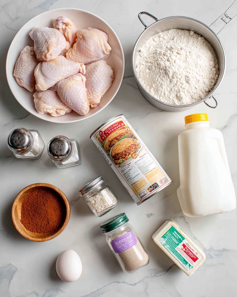 The image shows several cooking ingredients arranged on a white marbled surface. In the top left, a white bowl holds multiple raw chicken pieces, light pink with a smooth texture. To the right, there is a metal measuring cup filled with white flour. Below the flour, an upright white canister of plain bread crumbs is visible with a colorful label showing a cooked meatloaf. At the bottom left, there are two clear glass shakers containing salt and pepper, next to a small wooden bowl filled with reddish-brown seasoning powder. In the center, two small plastic jars are shown, one with garlic powder in a purple label and the other with onion powder in a light green label. Near the bottom, a single white egg is placed. To the right side, there is a white plastic jug of buttermilk with a green label and yellow cap, and a small rectangle of wrapped butter with red and white packaging is positioned near the egg. photo taken with an iphone --ar 4:5 --v 7