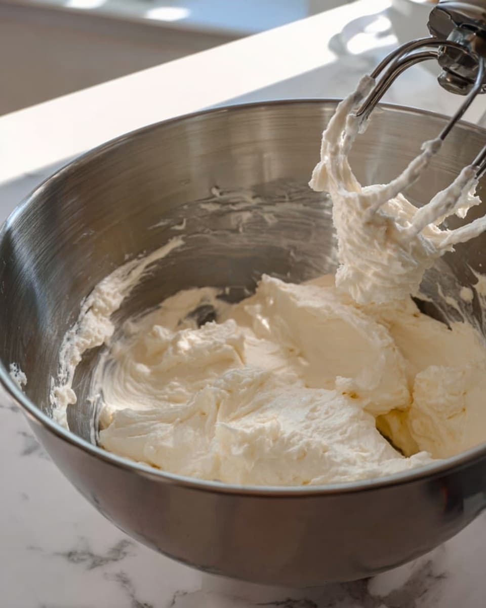 A close-up view inside a shiny silver mixing bowl shows thick, creamy white batter being mixed with a metal beater. The batter is fluffy and smooth with some stuck around the edges of the bowl. The bowl rests on a white marbled surface, and soft light comes from a window in the background. photo taken with an iphone --ar 4:5 --v 7