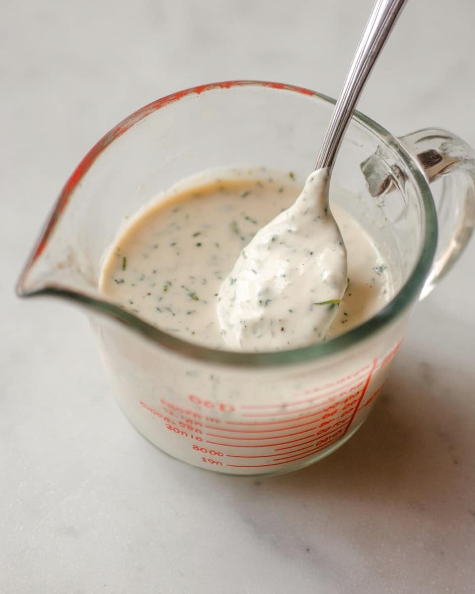 A clear glass measuring cup filled with creamy white sauce speckled with small green herbs. A silver spoon stands upright in the sauce, its textured creamy surface visible on the spoon's bowl. The measuring cup sits on a white marbled surface, and red measurement markings are visible on the side of the cup. The background is softly out of focus, keeping attention on the sauce and spoon photo taken with an iphone --ar 4:5 --v 7