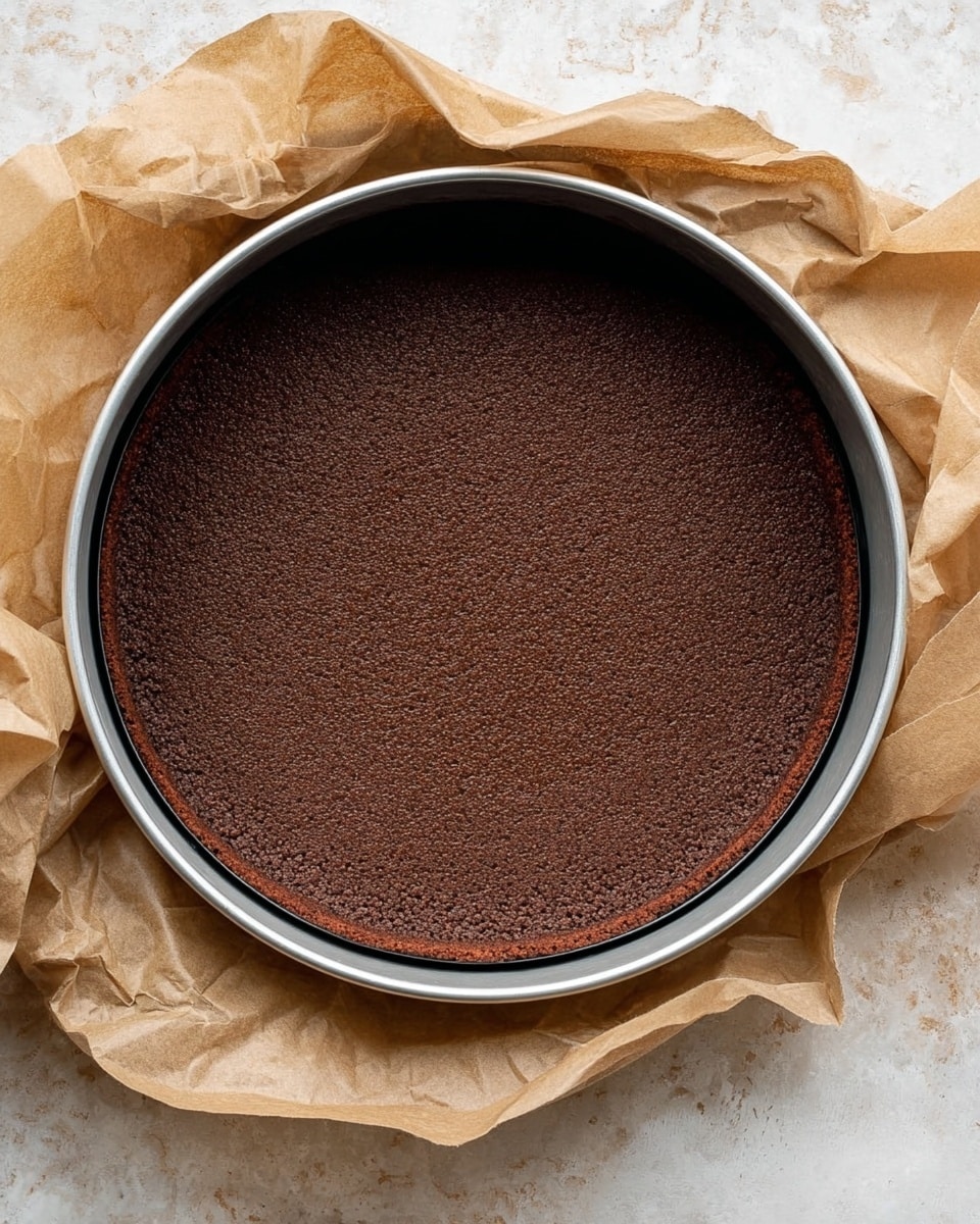 A close-up image of a round chocolate crust inside a silver springform pan, placed on crumpled brown parchment paper. The crust is smooth and even, dark brown in color with a fine crumb texture, and pressed evenly against the sides and base of the pan. The pan rests on a white marbled surface, with the parchment paper creating soft folds around it. There are no other layers or toppings visible. Photo taken with an iphone --ar 4:5 --v 7