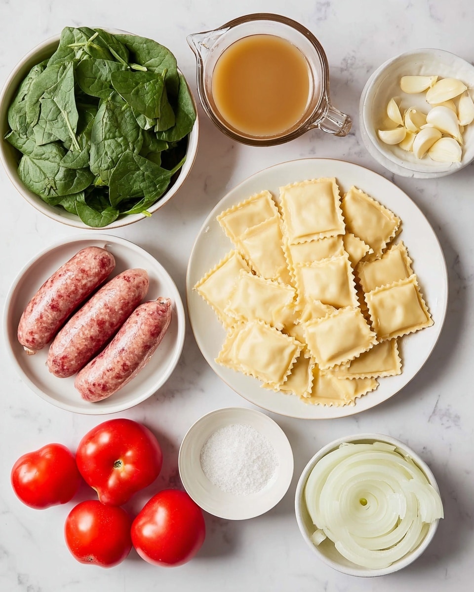 A white bowl filled with square ravioli pasta that are pale yellow with ruffled edges, placed near the center of a white marbled surface. Below it, a white plate holds three raw sausages with a pinkish-red color and speckled texture. To the left, a white bowl is filled with fresh green spinach leaves. Next to the spinach, a glass measuring cup contains light brown broth. At the bottom left, six bright red Roma tomatoes rest directly on the white marbled surface. To the right, a white bowl has thinly sliced, translucent white onions. Small piles of garlic cloves and a white bowl with salt are scattered around, completing the scene. Photo taken with an iphone --ar 4:5 --v 7