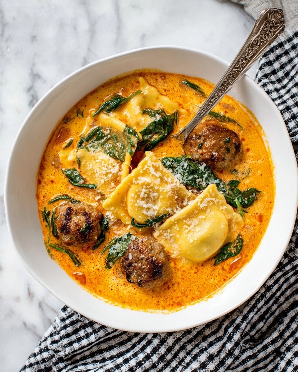 A white bowl filled with a rich orange creamy soup showing four large pieces of ravioli that are soft and smooth, floating around dark brown browned meatballs with textured surfaces, scattered bright green spinach leaves adding a fresh touch, all topped with a light sprinkle of grated cheese. A silver decorative spoon rests inside the bowl, partially submerged in the soup, placed on a white marbled surface with a black-and-white checkered cloth nearby. Photo taken with an iphone --ar 4:5 --v 7