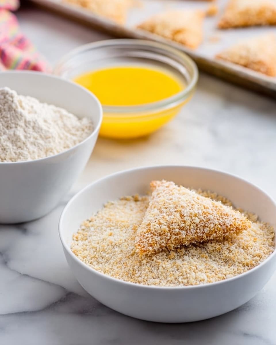 The image shows two views of a white bowl filled with light beige breadcrumbs on a white marbled surface. On the left, behind this bowl, there is a white bowl with flour and a clear glass bowl with a yellow beaten egg mixture, both slightly blurred. On the right side, the white bowl of breadcrumbs holds a triangular piece coated in the crumbs, resting on top of the pile. In the background, a baking tray with more crumb-coated triangular pieces can be seen, all placed on the white marbled surface. Photo taken with an iphone --ar 4:5 --v 7